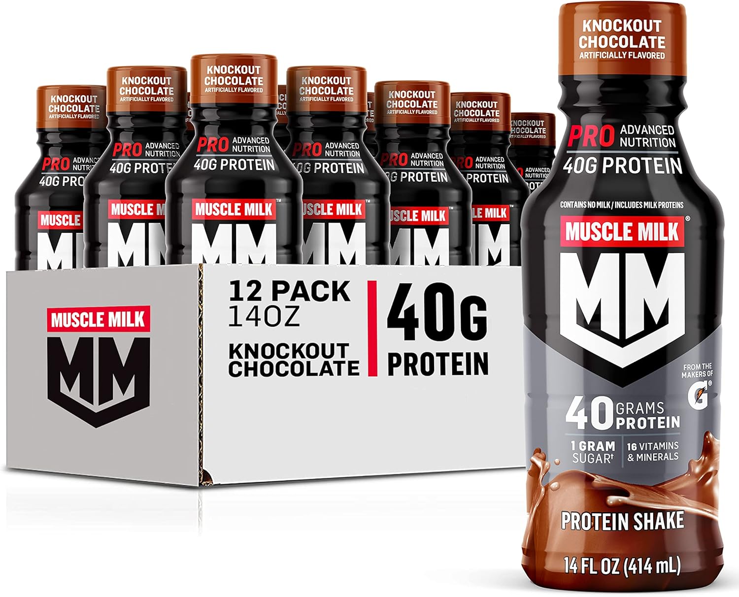 Muscle Milk Pro Advanced Nutrition Protein Shake, Knockout Chocolate, 14oz, 12 Pack - 40g Protein, 1g Sugar, 16 Vitamins & Minerals, 6g Fiber - Workout Recovery