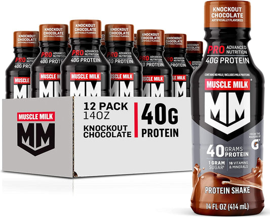 Muscle Milk Pro Advanced Nutrition Protein Shake, Knockout Chocolate, 14oz, 12 Pack - 40g Protein, 1g Sugar, 16 Vitamins & Minerals, 6g Fiber - Workout Recovery
