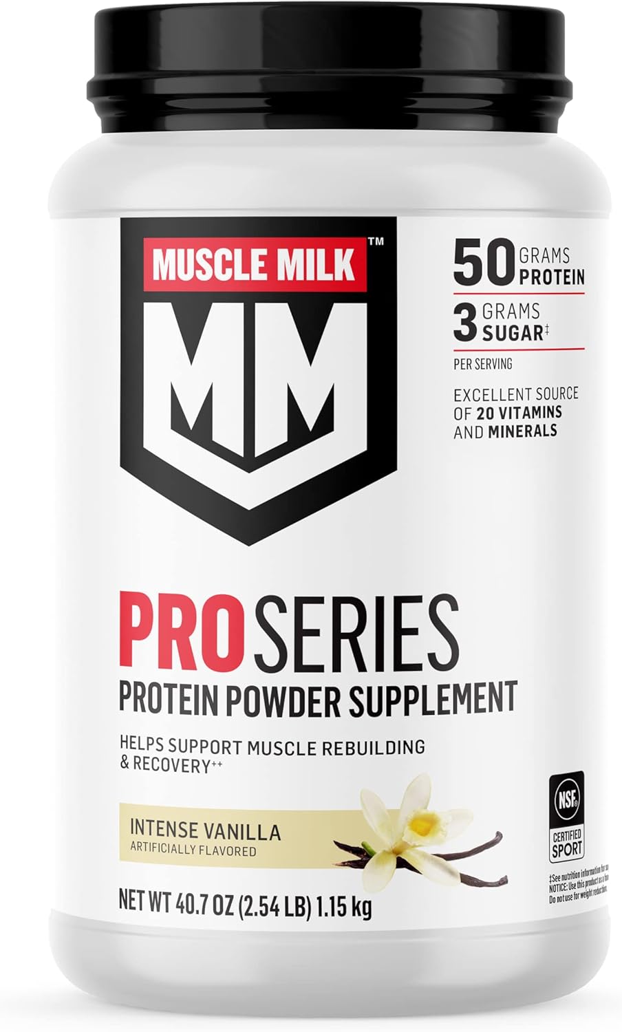 Muscle Milk Pro Series Intense Vanilla Protein Powder, 2.54 lb, 14 Servings, 50g Protein, 3g Sugar, NSF Certified, Workout Recovery