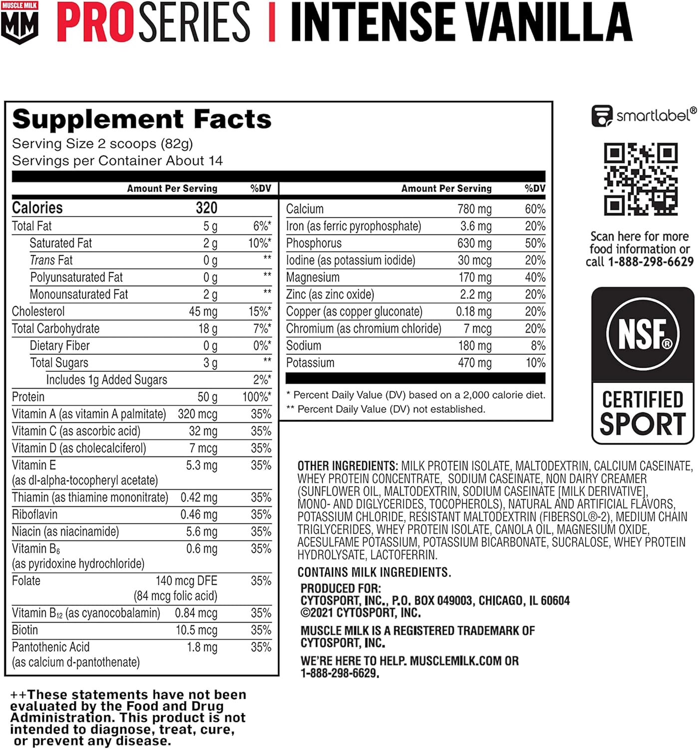 Muscle Milk Pro Series Intense Vanilla Protein Powder, 2.54 lb, 14 Servings, 50g Protein, 3g Sugar, NSF Certified, Workout Recovery