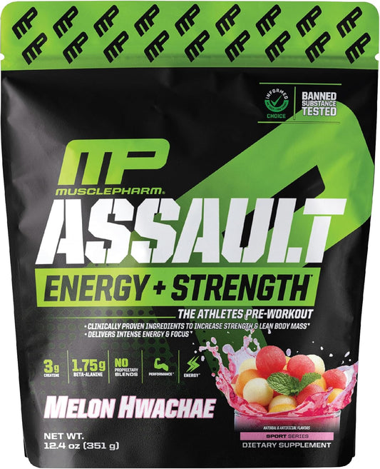 Muscle Pharm Assault Pre Workout Powder - Energy & Strength Supplement with Beta Alanine, Caffeine, Creatine & Betaine Anhydrous - 30 Servings - Hwachae Melon Flavor