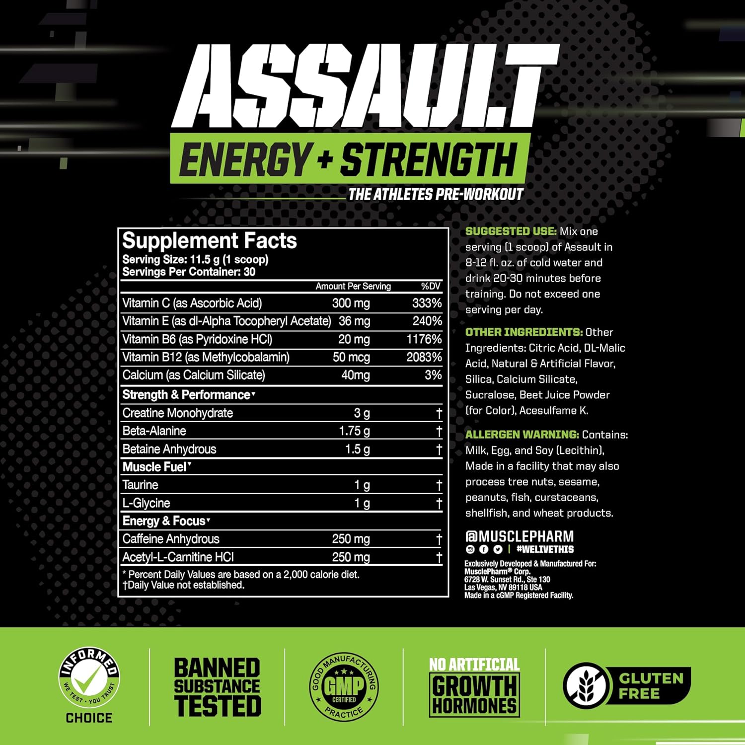 Muscle Pharm Assault Pre Workout Powder - Energy & Strength Supplement with Beta Alanine, Caffeine, Creatine & Betaine Anhydrous - 30 Servings - Hwachae Melon Flavor