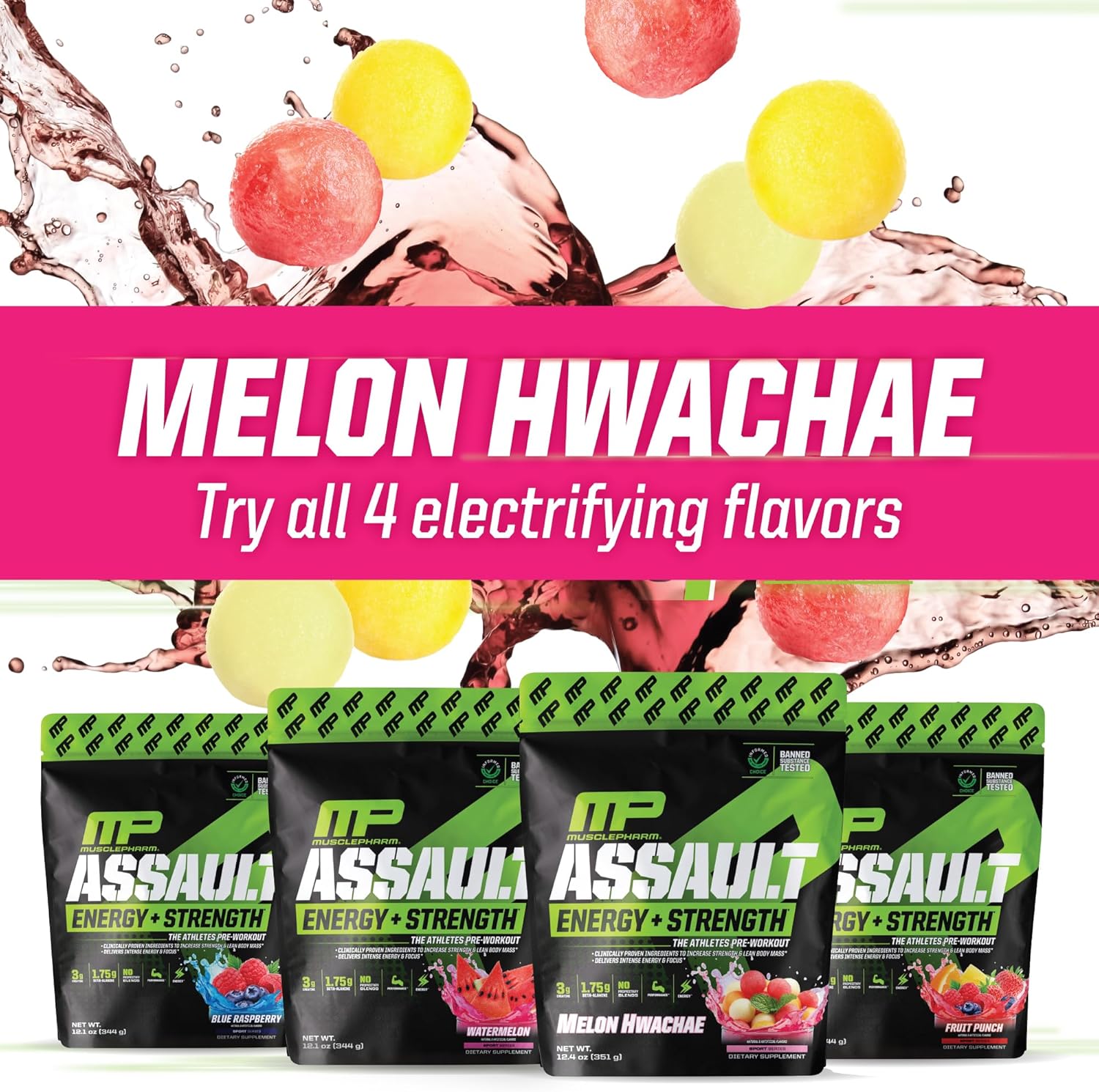Muscle Pharm Assault Pre Workout Powder - Energy & Strength Supplement with Beta Alanine, Caffeine, Creatine & Betaine Anhydrous - 30 Servings - Hwachae Melon Flavor