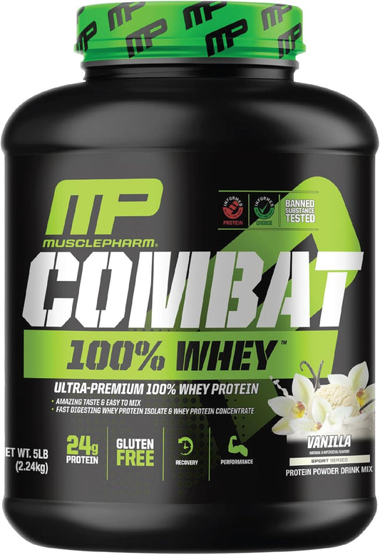 Muscle Pharm Combat 100% Whey Protein Powder - Vanilla Flavor, Fast Recovery & Muscle Gain, Whey Protein Isolate, High Protein for Women & Men, Gluten Free - 5 lb, 70 Servings