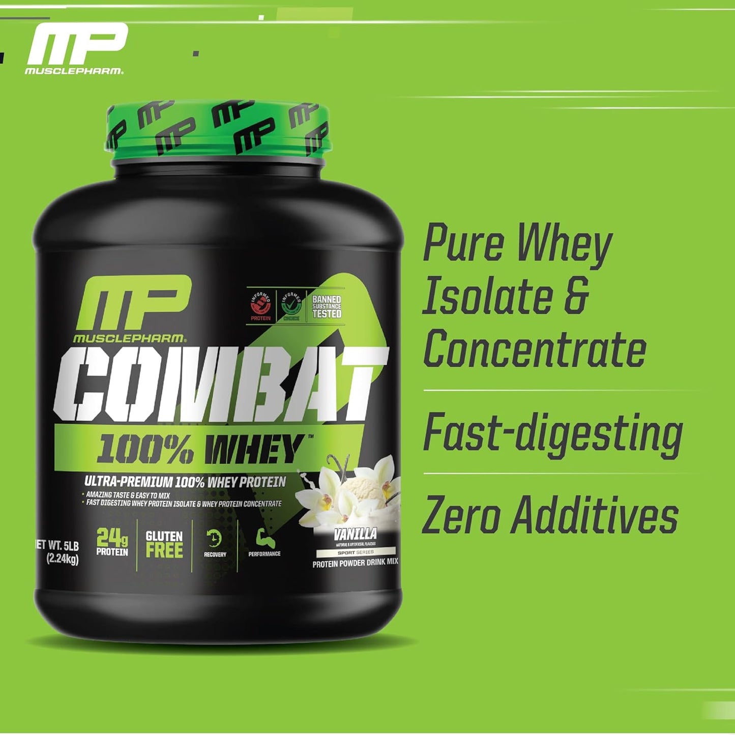 Muscle Pharm Combat 100% Whey Protein Powder - Vanilla Flavor, Fast Recovery & Muscle Gain, Whey Protein Isolate, High Protein for Women & Men, Gluten Free - 5 lb, 70 Servings