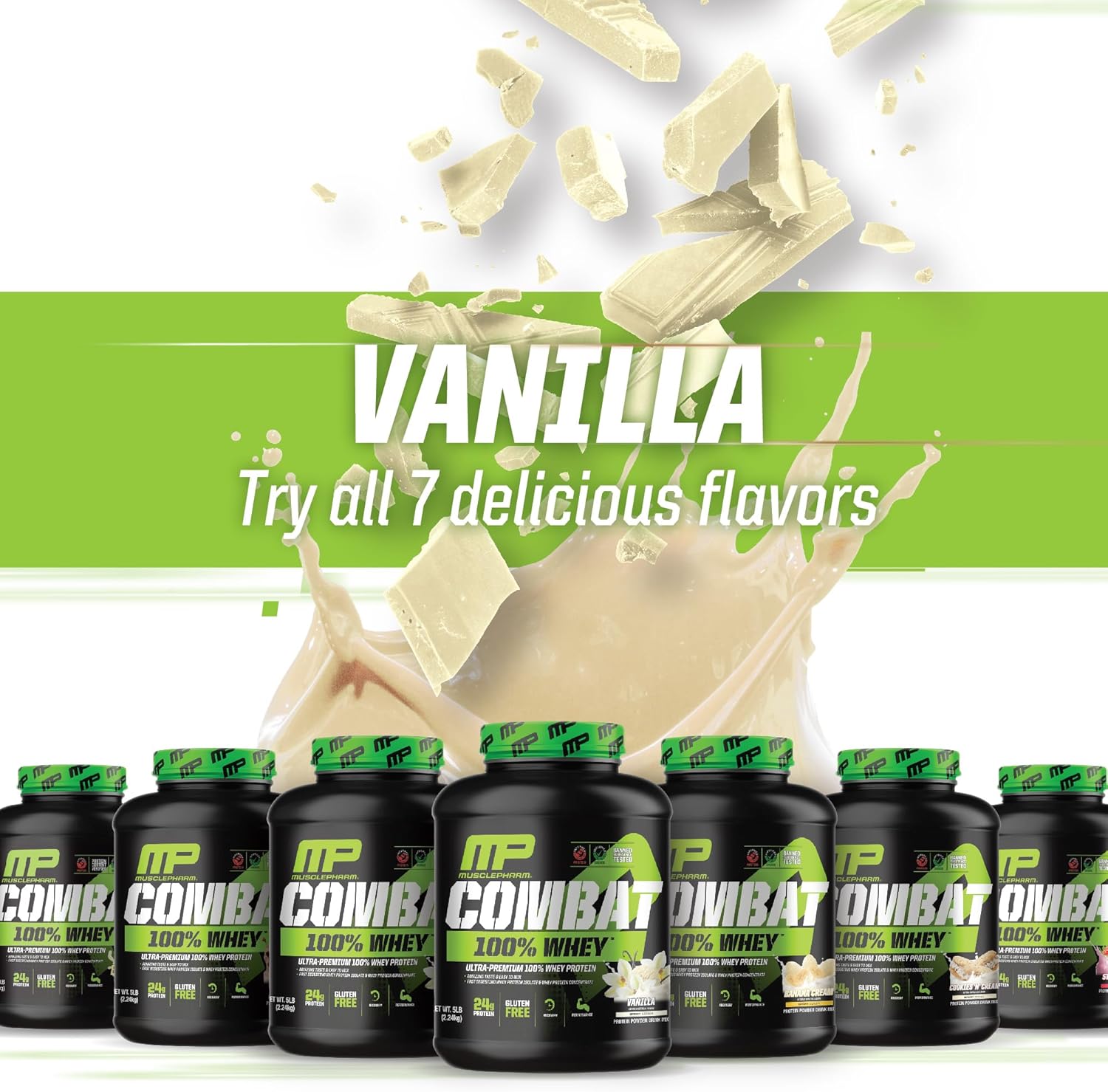 Muscle Pharm Combat 100% Whey Protein Powder - Vanilla Flavor, Fast Recovery & Muscle Gain, Whey Protein Isolate, High Protein for Women & Men, Gluten Free - 5 lb, 70 Servings