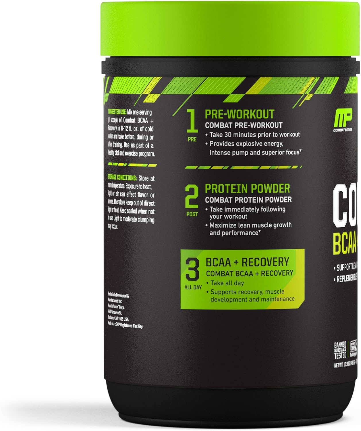 Muscle Pharm Combat BCAA + Recovery Powder - Blue Raspberry Flavor, 30 Servings, 10g BCAAs & EAAs