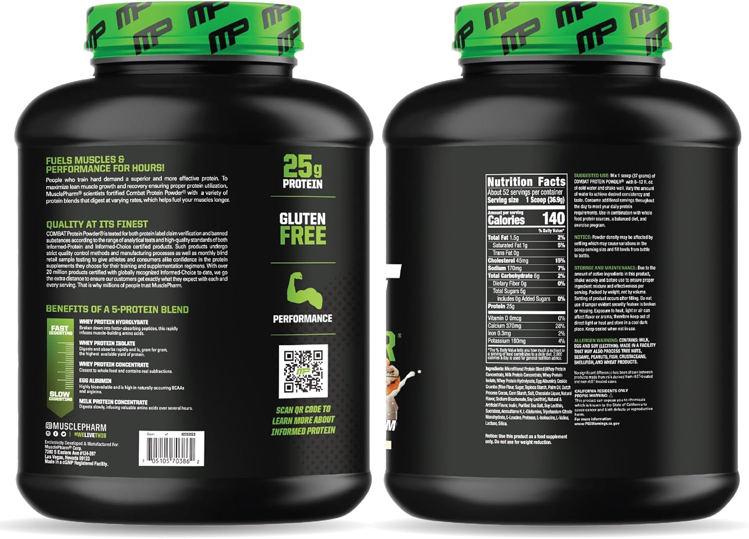 Muscle Pharm Combat Protein Powder, Chocolate Milk Flavor, 5 Protein Sources, Gluten Free - 4.2 lb, 52 Servings