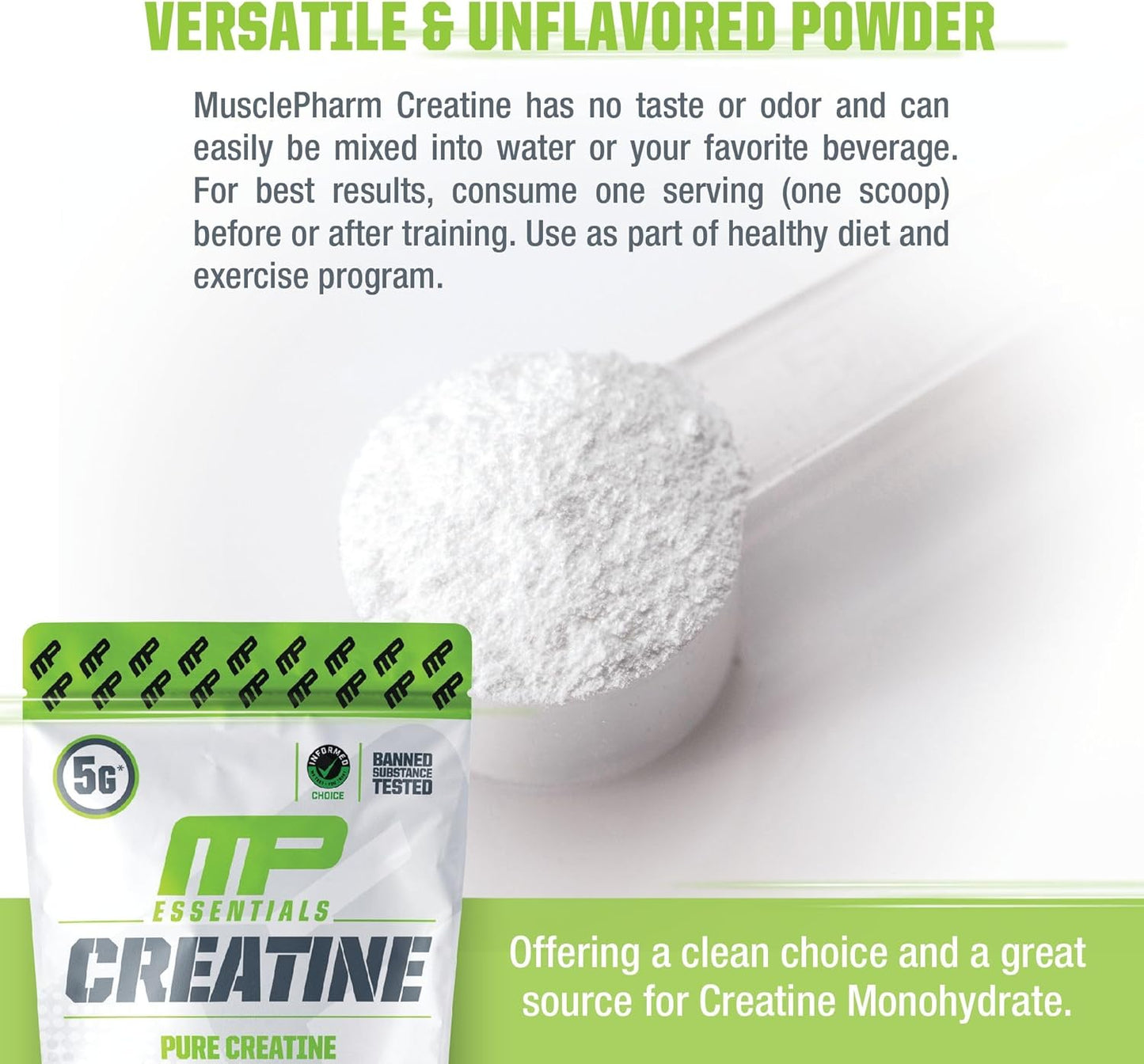 Muscle Pharm Essentials Creatine Monohydrate Powder - Pre & Post Workout Supplement, 100% Pure Creatine, 60 Servings