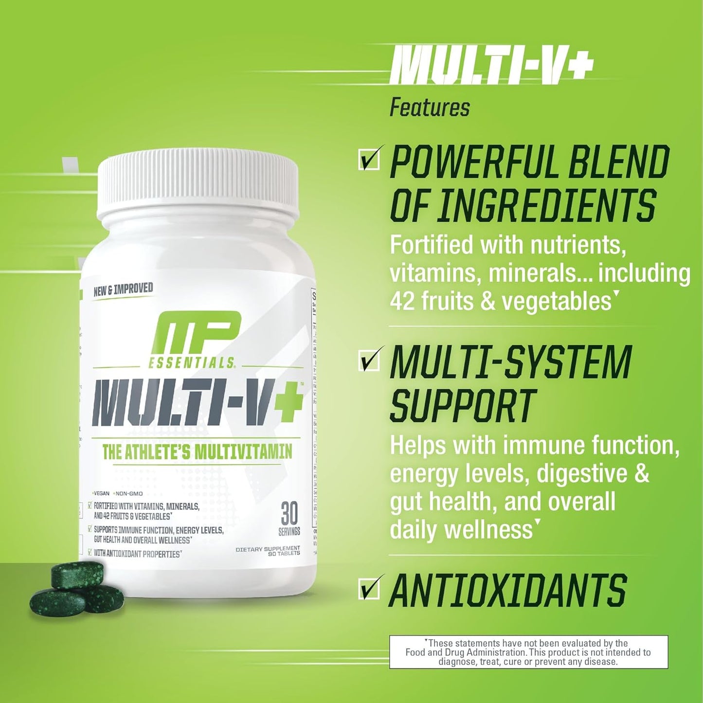 Muscle Pharm Essentials Multi-V+: Athlete's Multivitamin for Energy, Performance & Immune Health - 90 Tablets - 30 Servings