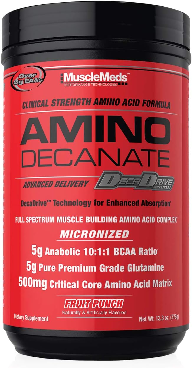 MuscleMeds Amino DECANATE: Full Spectrum Amino Acid Complex for Muscle Recovery - Fruit Punch Flavor, 30 Servings