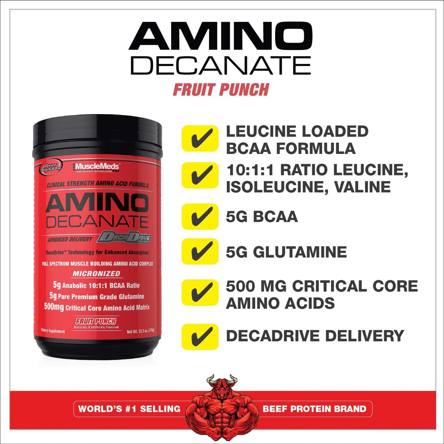 MuscleMeds Amino DECANATE: Full Spectrum Amino Acid Complex for Muscle Recovery - Fruit Punch Flavor, 30 Servings