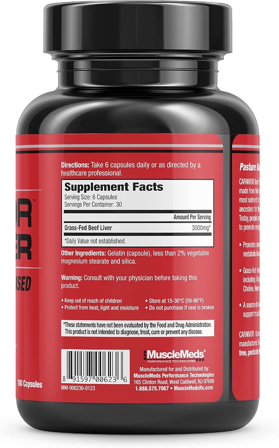 MuscleMeds Carnivor Beef Liver Capsules - Energy, Recovery, Immunity, Non-GMO - 180 Grass Fed Capsules