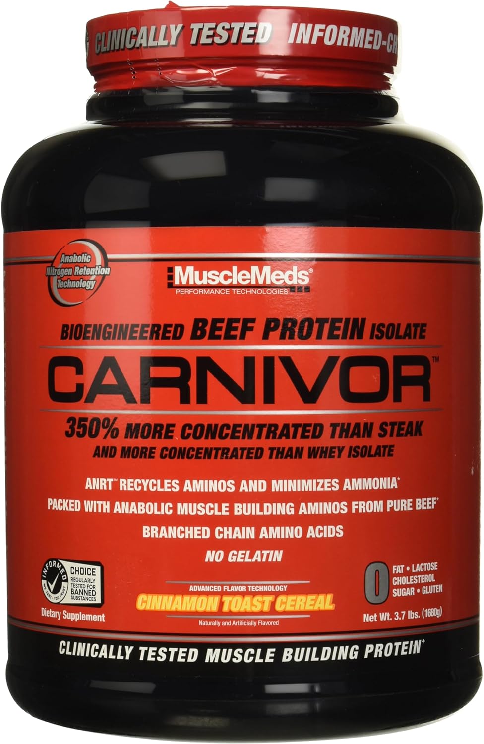 MuscleMeds Carnivor Beef Protein Isolate, Cinnamon Toast Cereal Flavor, 4 lb, 56 Servings, Zero Lactose, Sugar, Fat, Cholesterol