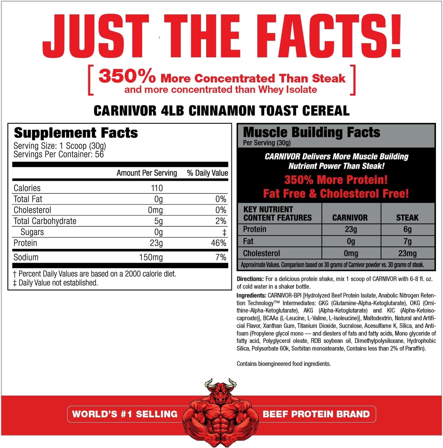 MuscleMeds Carnivor Beef Protein Isolate, Cinnamon Toast Cereal Flavor, 4 lb, 56 Servings, Zero Lactose, Sugar, Fat, Cholesterol