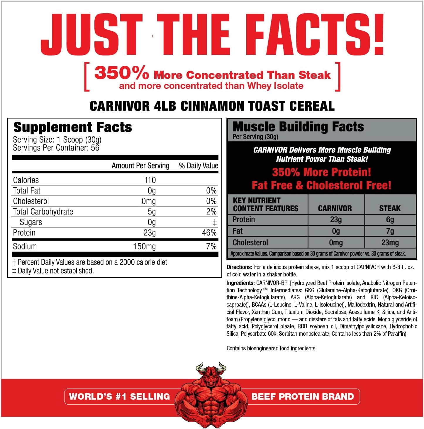 MuscleMeds Carnivor Beef Protein Isolate, Cinnamon Toast Cereal Flavor, 4 lb, 56 Servings, Zero Lactose, Sugar, Fat, Cholesterol