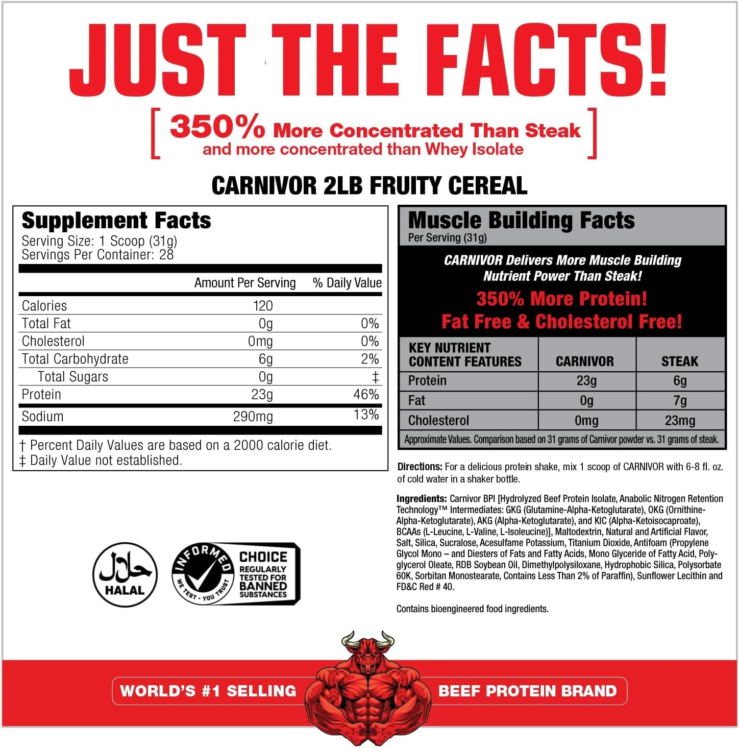 MuscleMeds CARNIVOR Beef Protein Isolate Powder - Fruity Cereal Flavor, 23g Protein, Muscle Building and Recovery, Lactose, Sugar, and Fat Free - 28 Servings