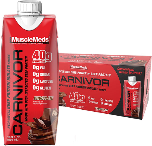 MuscleMeds Carnivor Chocolate RTD Protein Shake, 40g Isolate Protein, Muscle Building & Recovery, Lactose & Sugar Free, Pack of 12