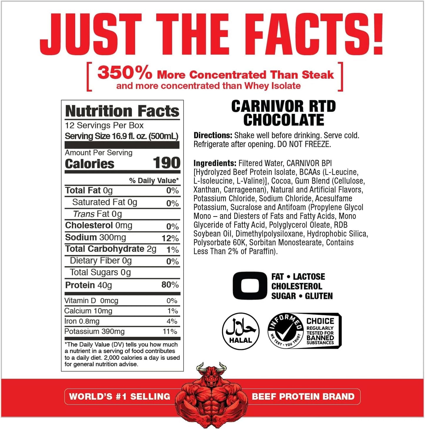 MuscleMeds Carnivor Chocolate RTD Protein Shake, 40g Isolate Protein, Muscle Building & Recovery, Lactose & Sugar Free, Pack of 12