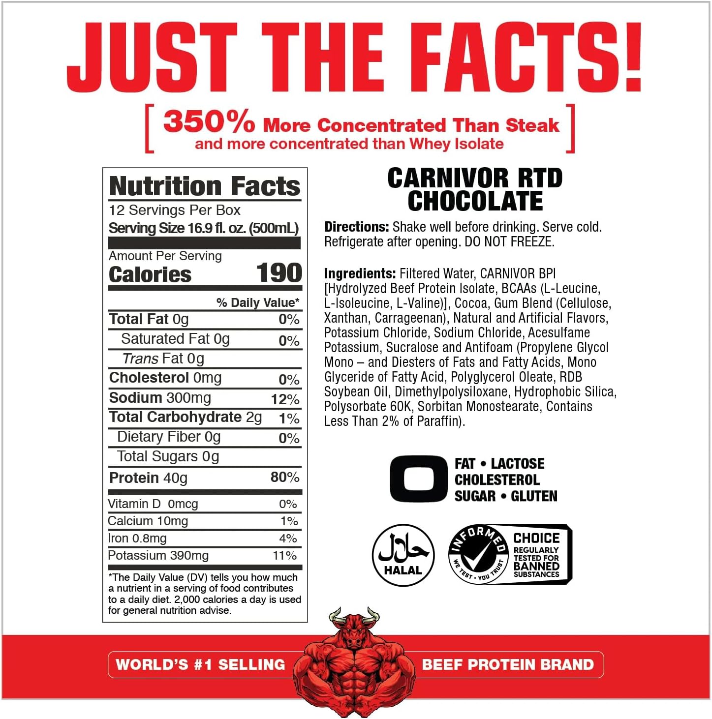 MuscleMeds Carnivor Chocolate RTD Protein Shake, 40g Isolate Protein, Muscle Building & Recovery, Lactose & Sugar Free, Pack of 12