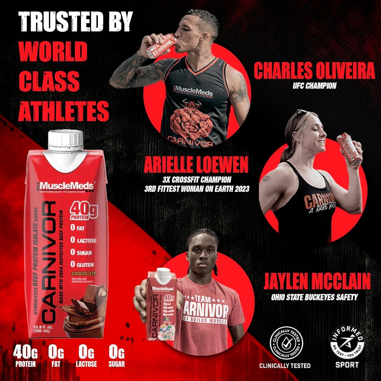 MuscleMeds Carnivor Chocolate RTD Protein Shake, 40g Isolate Protein, Muscle Building & Recovery, Lactose & Sugar Free, Pack of 12