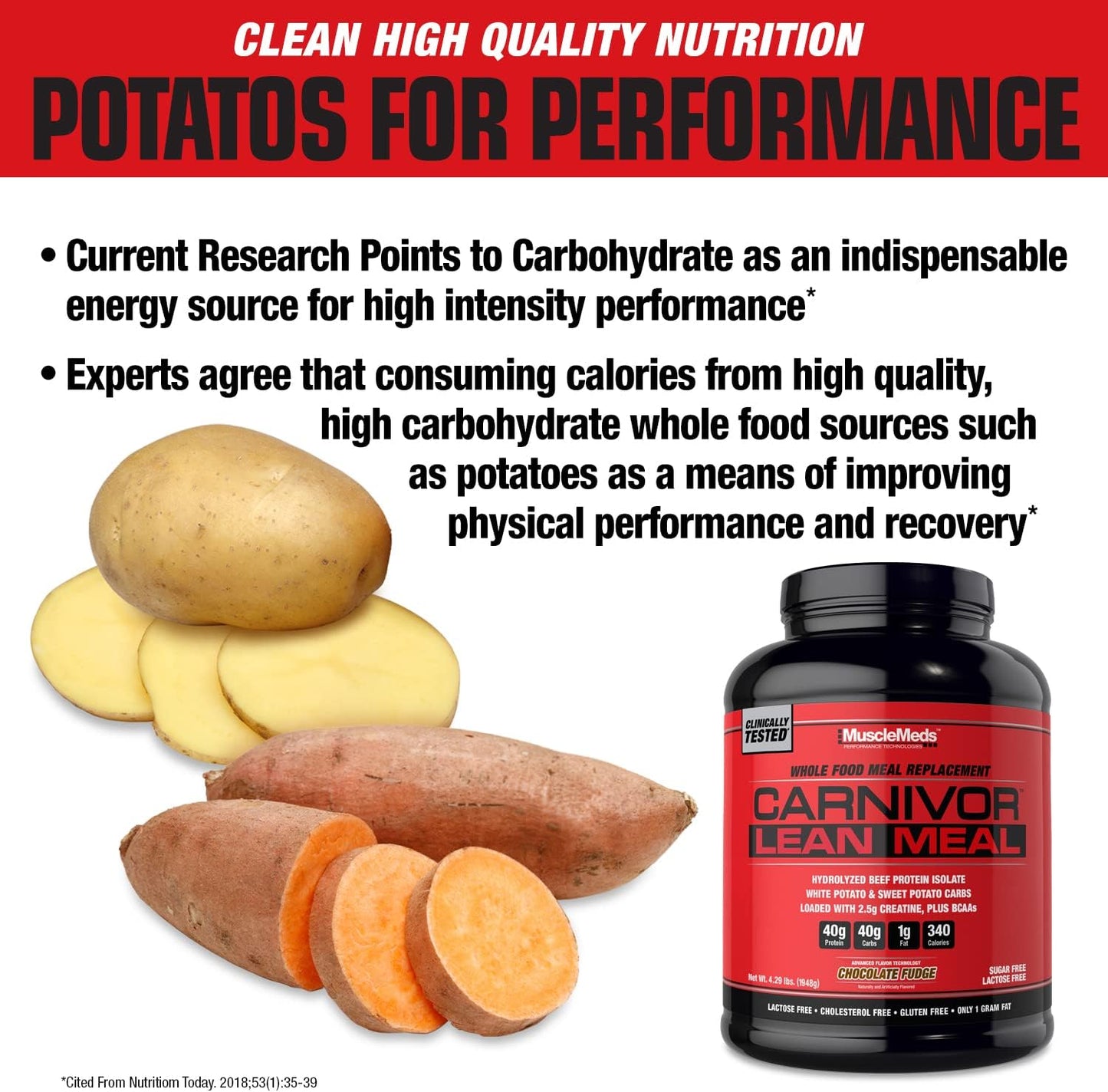 MuscleMeds CARNIVOR LEAN MEAL Chocolate Fudge Shake - 20 Servings, 40g Protein, 40g Carbs, Beef Protein Isolate, White Potato, Sweet Potato - Lactose and Sugar Free