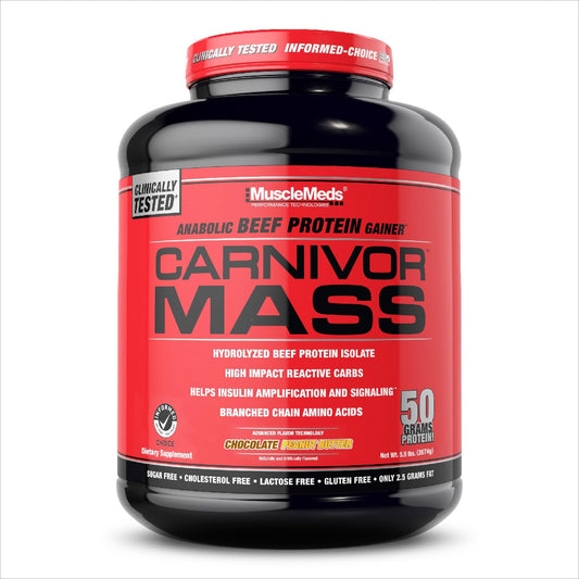 MuscleMeds CARNIVOR Mass Gainer Beef Protein Isolate Shake, Chocolate Peanut Butter Flavor, 6 Pound - 50g Protein, 125g Carbs, 0 Fat, Lactose Free, Halal Certified