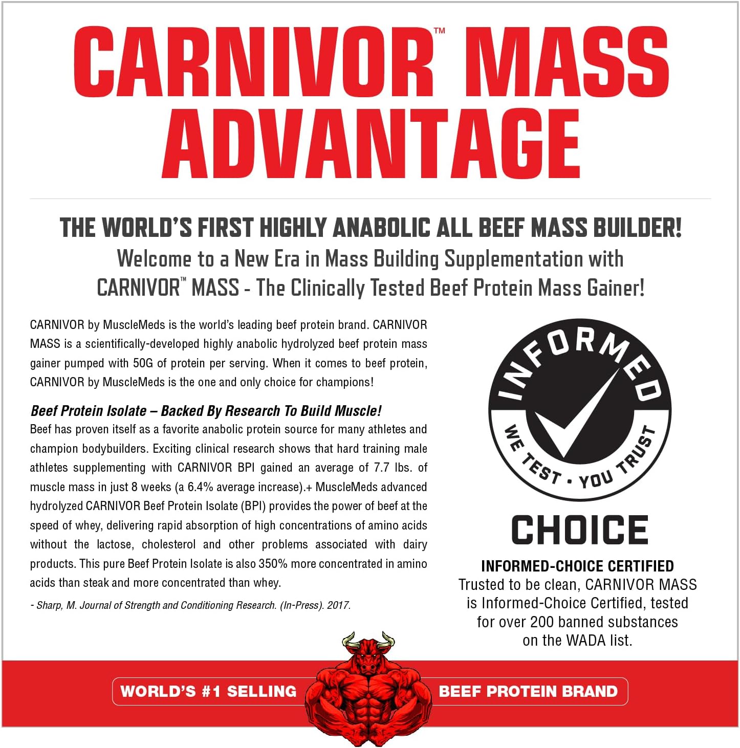 MuscleMeds CARNIVOR Mass Gainer Beef Protein Isolate Shake, Chocolate Peanut Butter Flavor, 6 Pound - 50g Protein, 125g Carbs, 0 Fat, Lactose Free, Halal Certified