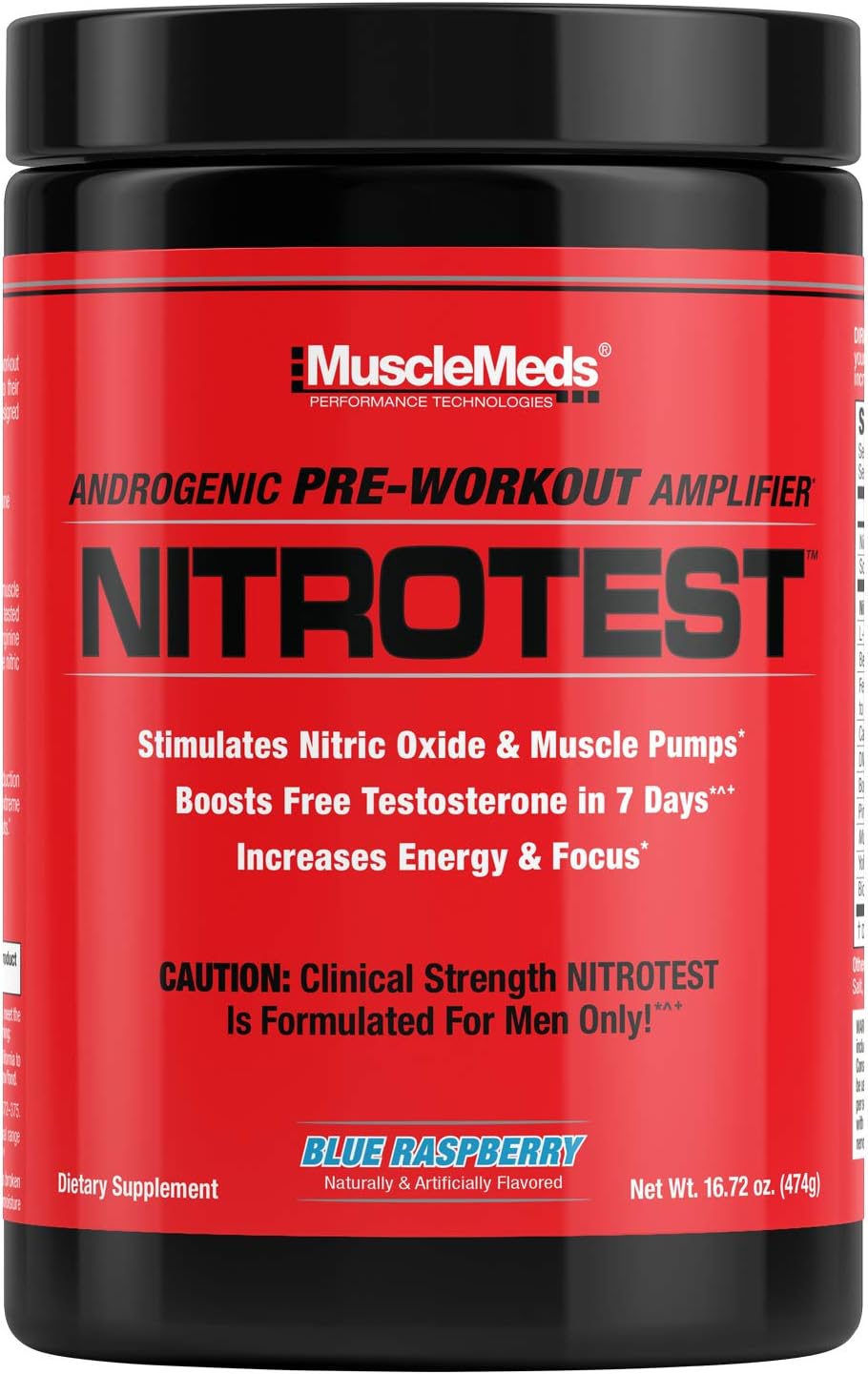 MuscleMeds Nitrotest Blue Raspberry Pre-Workout Drink, Enhance Nitric Oxide & Testosterone - 30 Servings, 1.04 lb