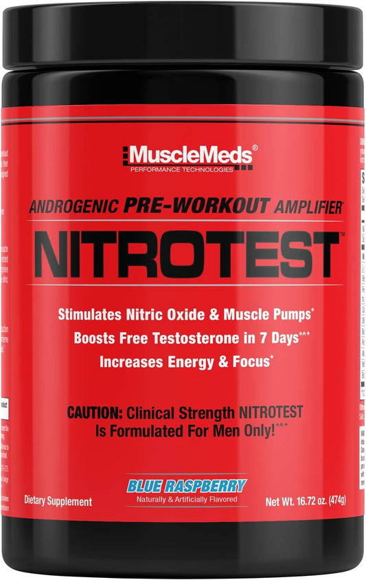 MuscleMeds Nitrotest Blue Raspberry Pre-Workout Drink, Enhance Nitric Oxide & Testosterone - 30 Servings, 1.04 lb