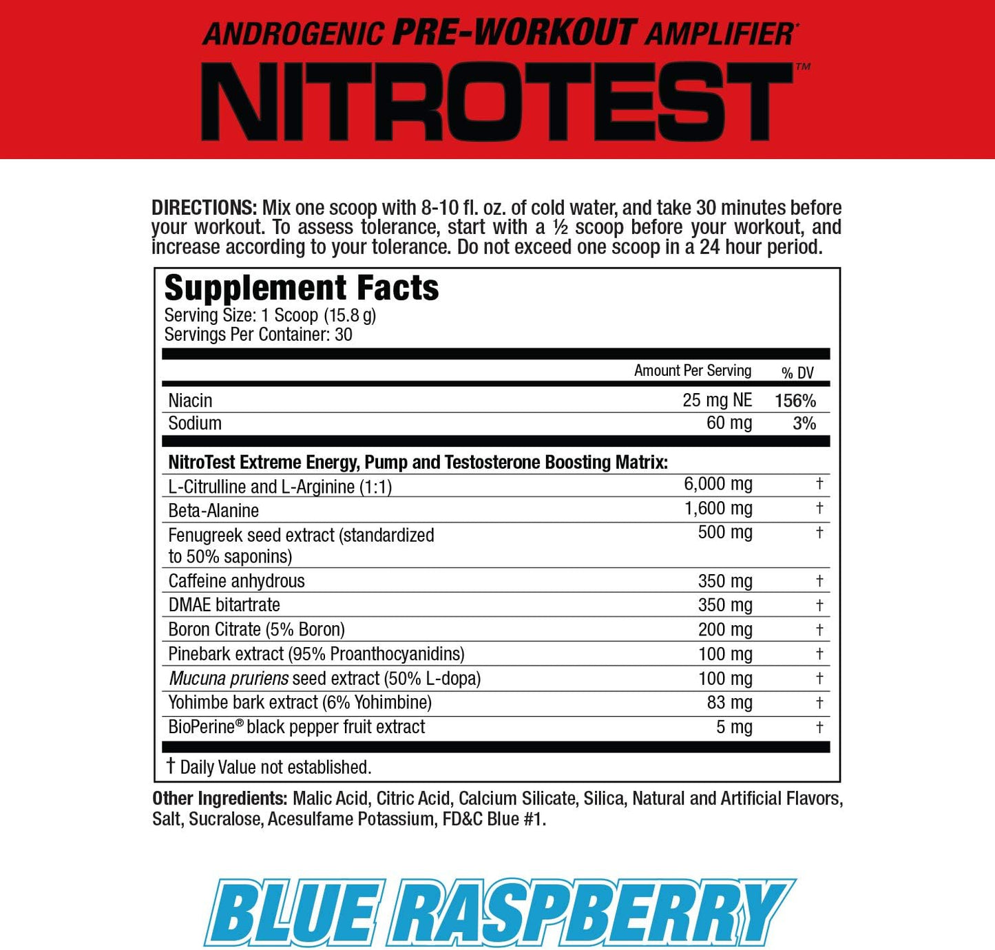 MuscleMeds Nitrotest Blue Raspberry Pre-Workout Drink, Enhance Nitric Oxide & Testosterone - 30 Servings, 1.04 lb