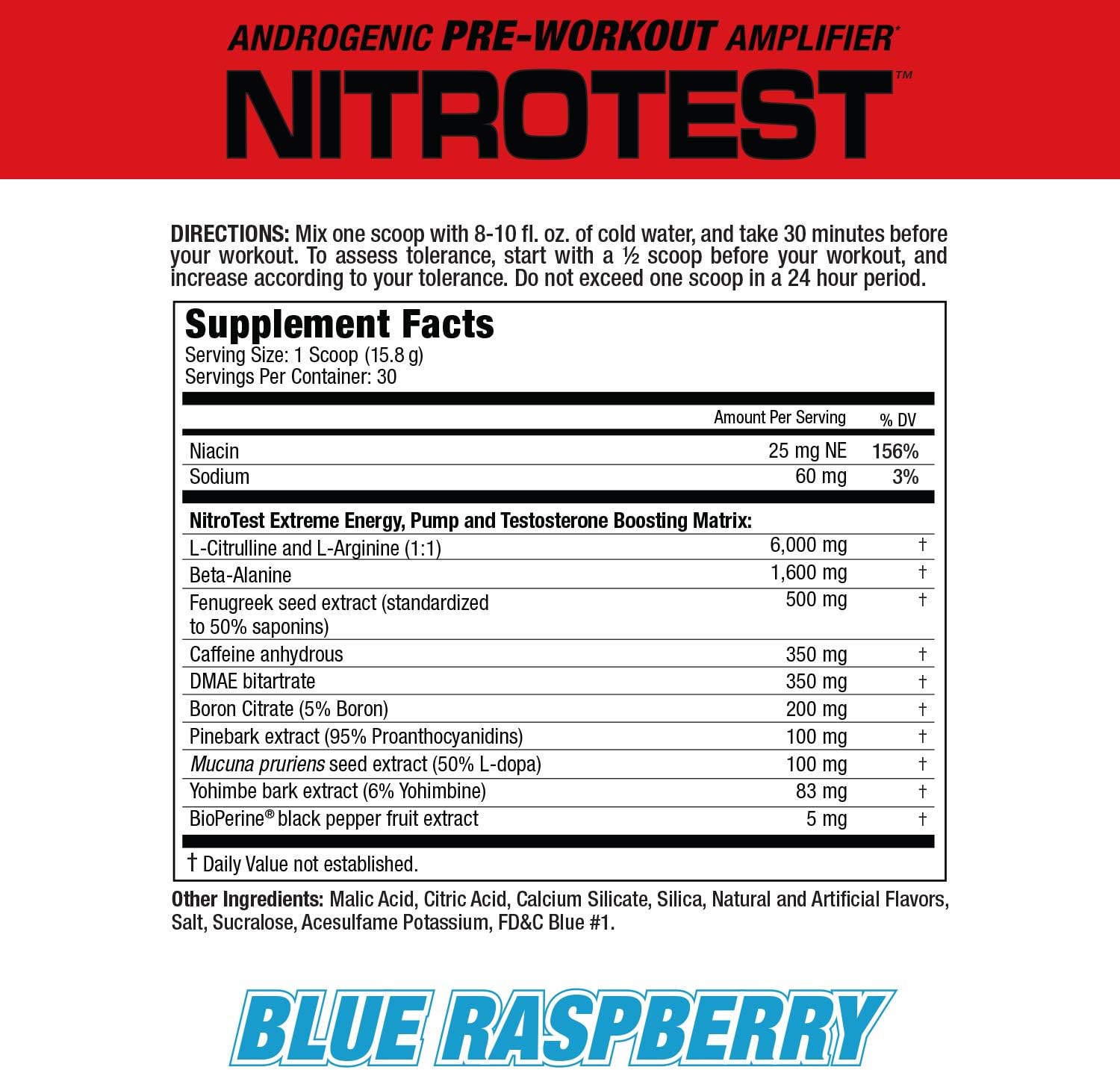 MuscleMeds Nitrotest Blue Raspberry Pre-Workout Drink, Enhance Nitric Oxide & Testosterone - 30 Servings, 1.04 lb