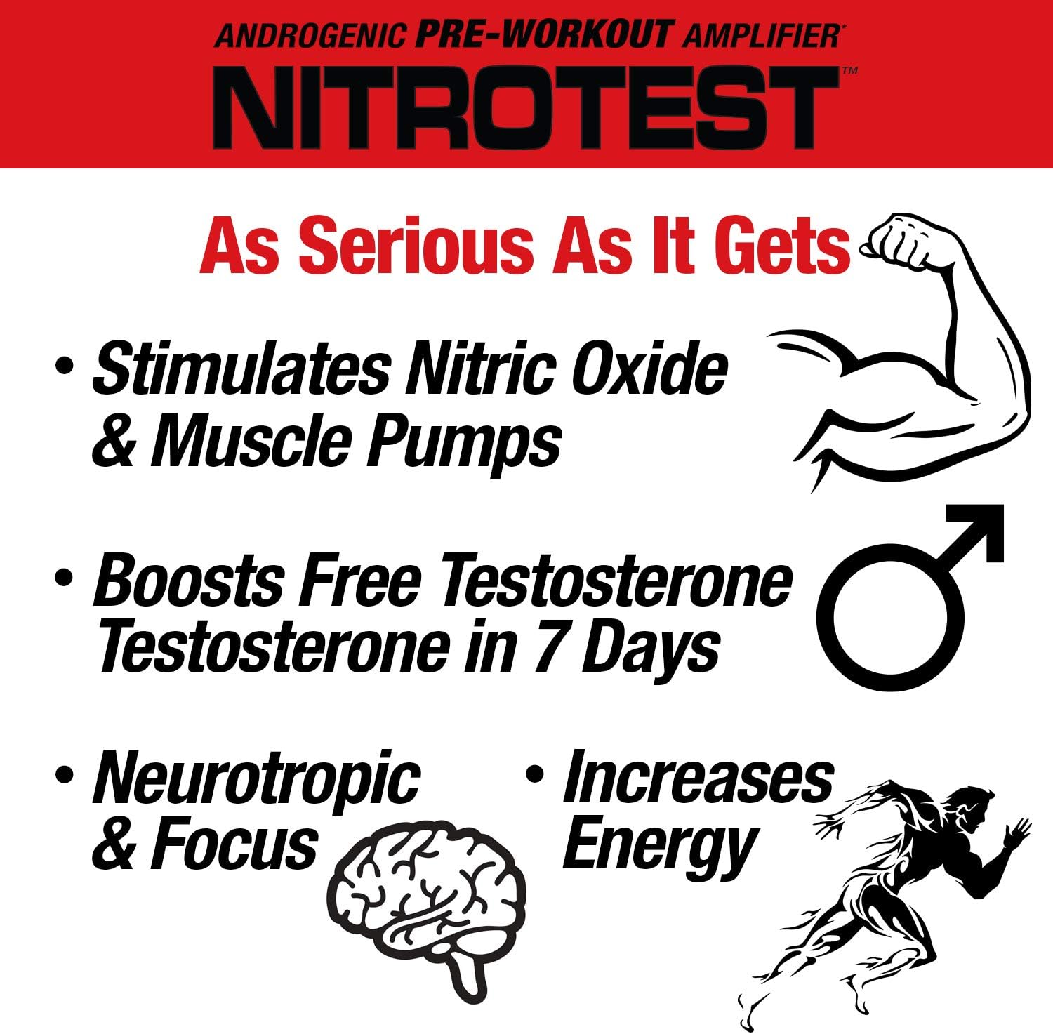 MuscleMeds Nitrotest Blue Raspberry Pre-Workout Drink, Enhance Nitric Oxide & Testosterone - 30 Servings, 1.04 lb
