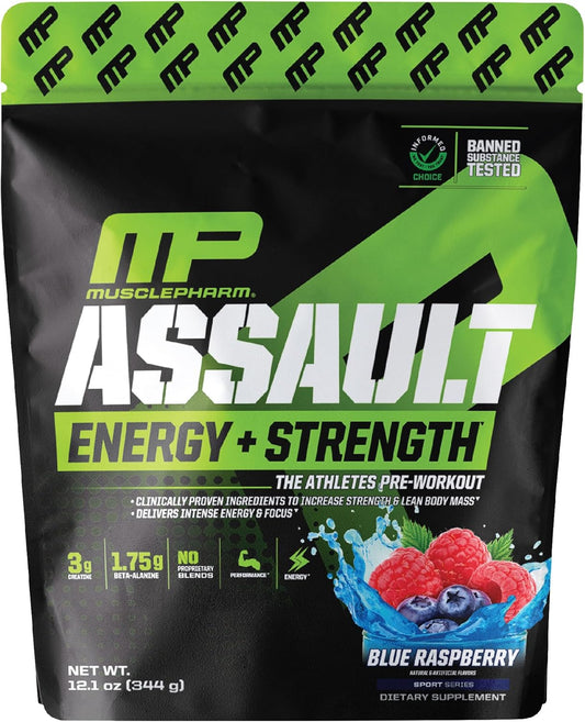 MusclePharm Assault Pre-Workout Powder for Energy & Strength - Blue Raspberry Flavor, 30 Servings, Men & Women, Beta Alanine, Caffeine, Creatine, Betaine Anhydrous