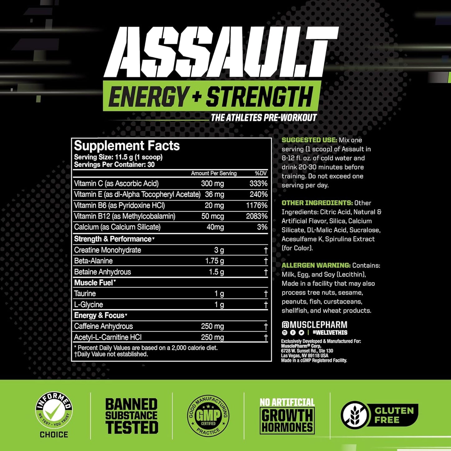 MusclePharm Assault Pre-Workout Powder for Energy & Strength - Blue Raspberry Flavor, 30 Servings, Men & Women, Beta Alanine, Caffeine, Creatine, Betaine Anhydrous