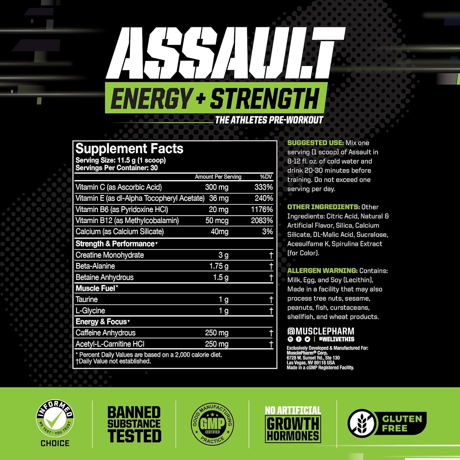 MusclePharm Assault Pre-Workout Powder for Energy & Strength - Blue Raspberry Flavor, 30 Servings, Men & Women, Beta Alanine, Caffeine, Creatine, Betaine Anhydrous