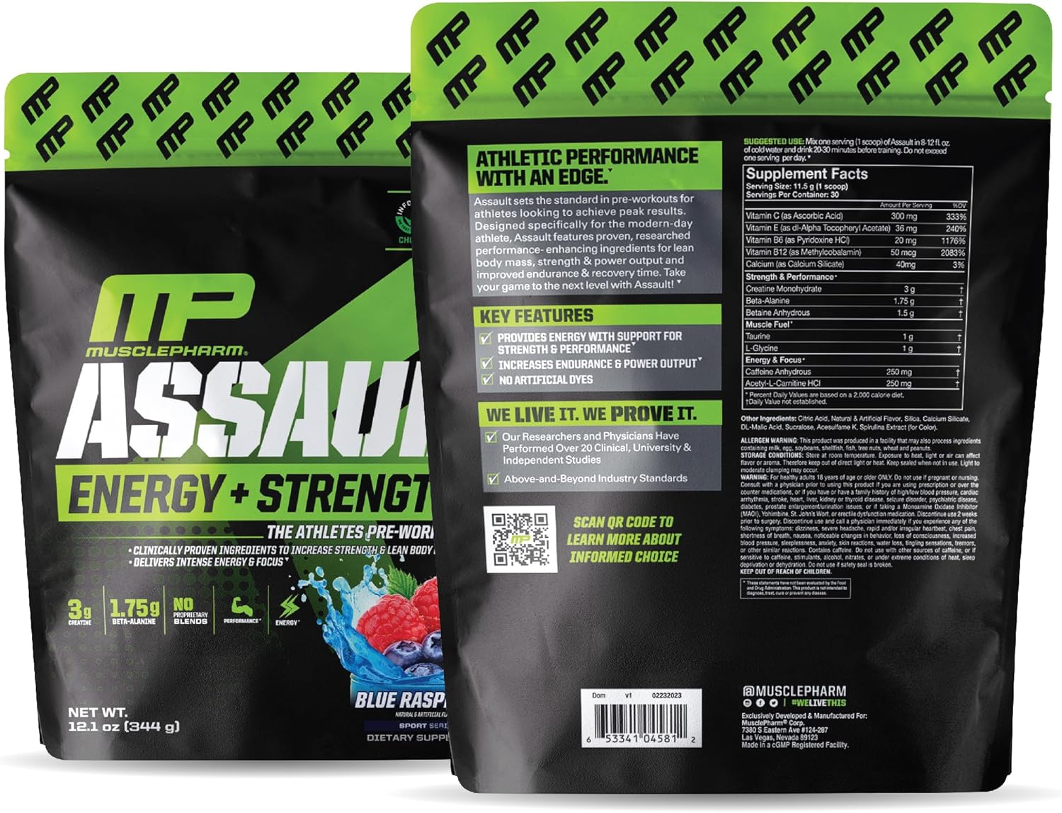 MusclePharm Assault Pre-Workout Powder for Energy & Strength - Blue Raspberry Flavor, 30 Servings, Men & Women, Beta Alanine, Caffeine, Creatine, Betaine Anhydrous