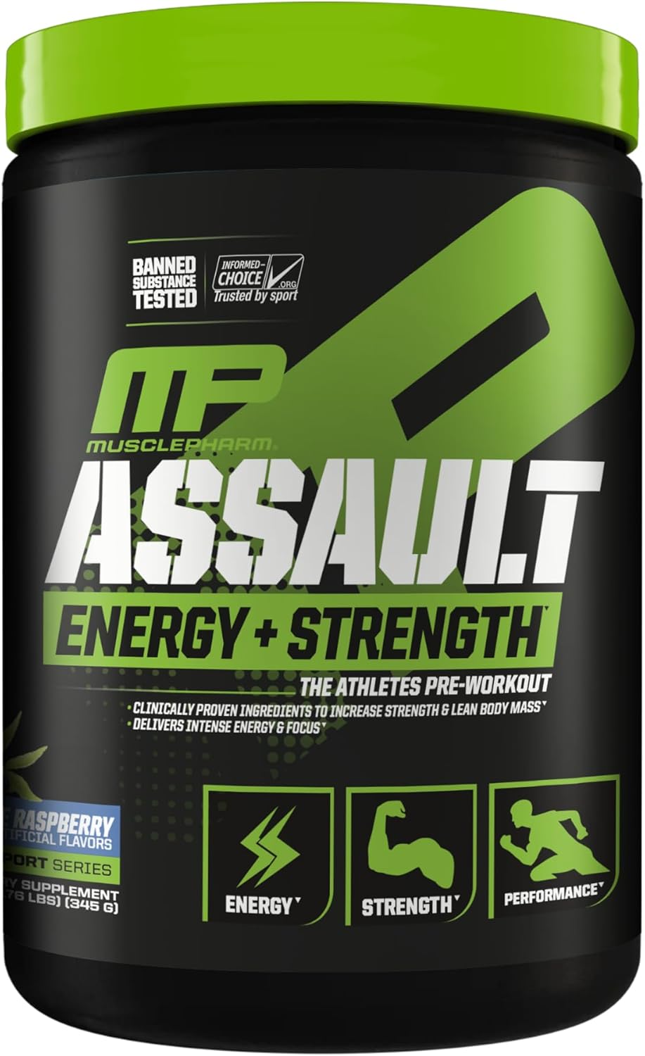 MusclePharm Assault Pre-Workout Powder for Energy & Strength - Blue Raspberry Flavor, 30 Servings, Men & Women, Beta Alanine, Caffeine, Creatine, Betaine Anhydrous