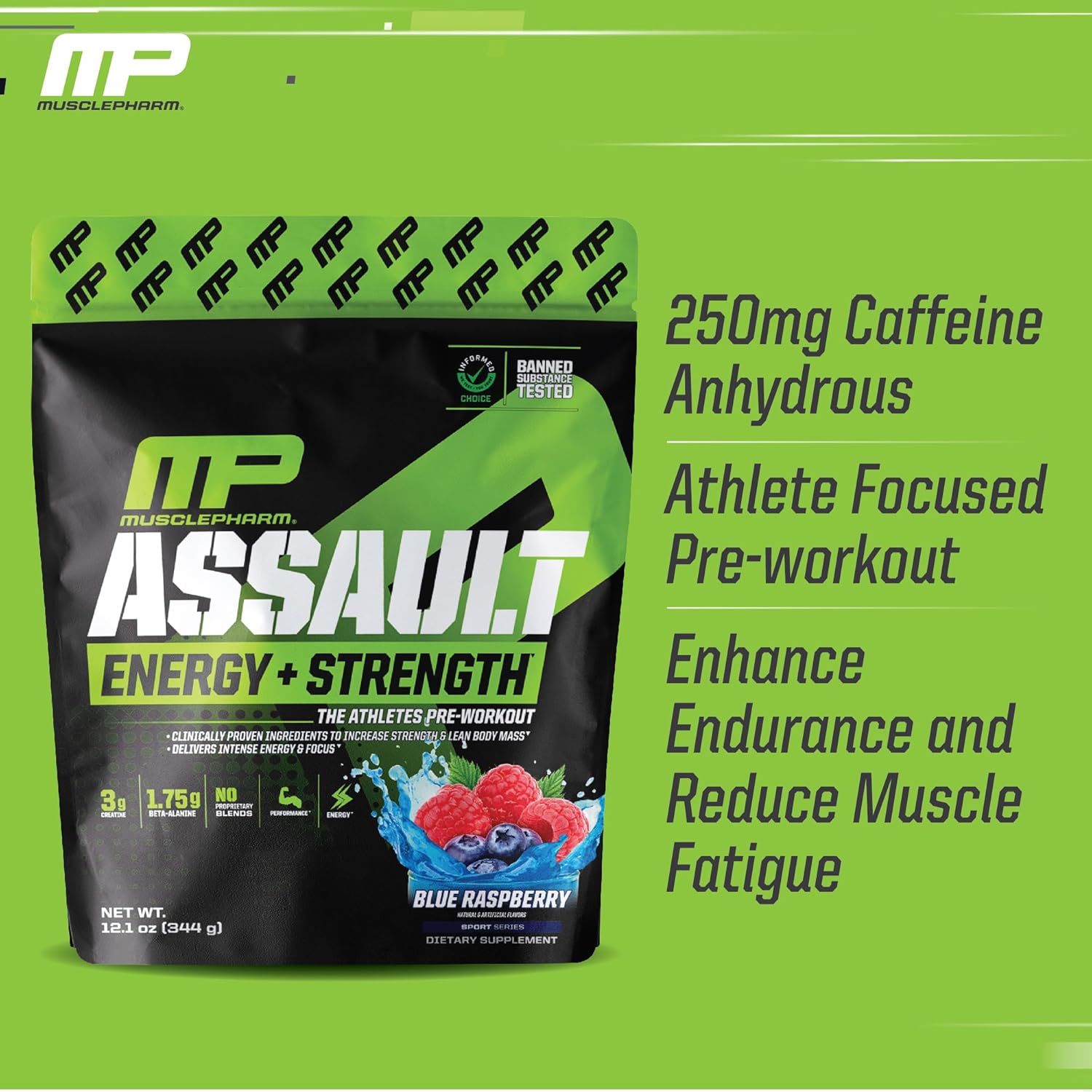 MusclePharm Assault Pre-Workout Powder for Energy & Strength - Blue Raspberry Flavor, 30 Servings, Men & Women, Beta Alanine, Caffeine, Creatine, Betaine Anhydrous