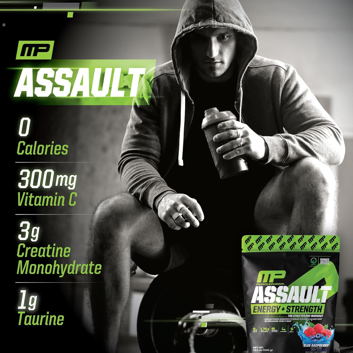 MusclePharm Assault Pre-Workout Powder for Energy & Strength - Blue Raspberry Flavor, 30 Servings, Men & Women, Beta Alanine, Caffeine, Creatine, Betaine Anhydrous