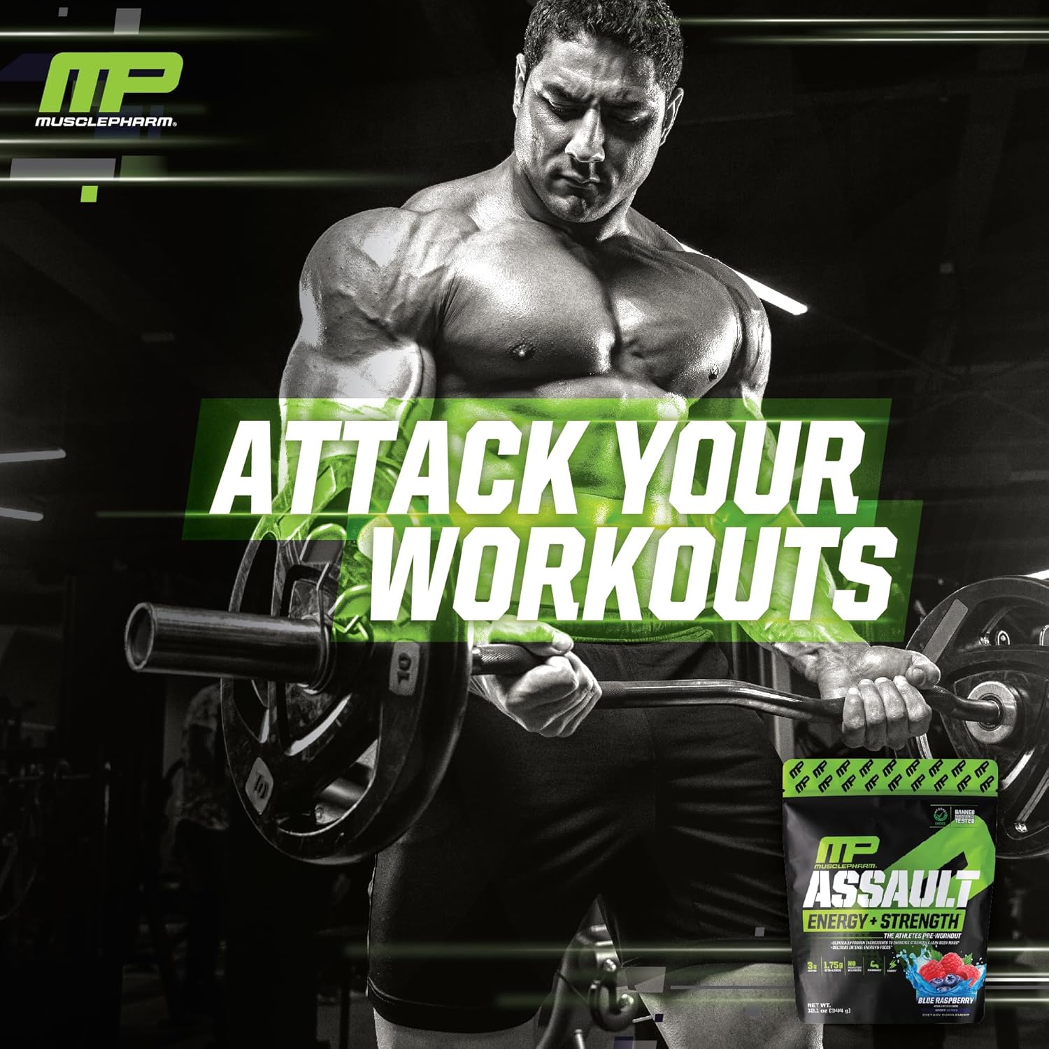 MusclePharm Assault Pre-Workout Powder for Energy & Strength - Blue Raspberry Flavor, 30 Servings, Men & Women, Beta Alanine, Caffeine, Creatine, Betaine Anhydrous
