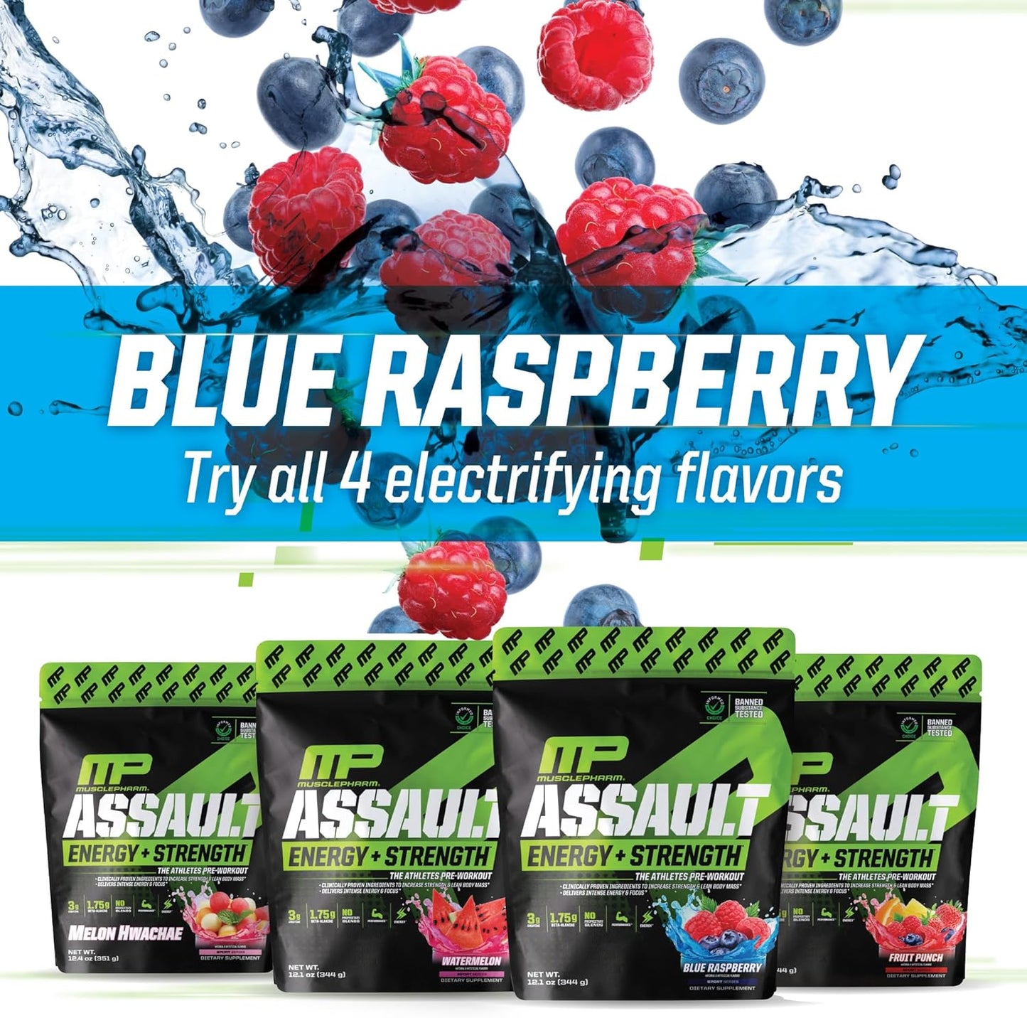MusclePharm Assault Pre-Workout Powder for Energy & Strength - Blue Raspberry Flavor, 30 Servings, Men & Women, Beta Alanine, Caffeine, Creatine, Betaine Anhydrous