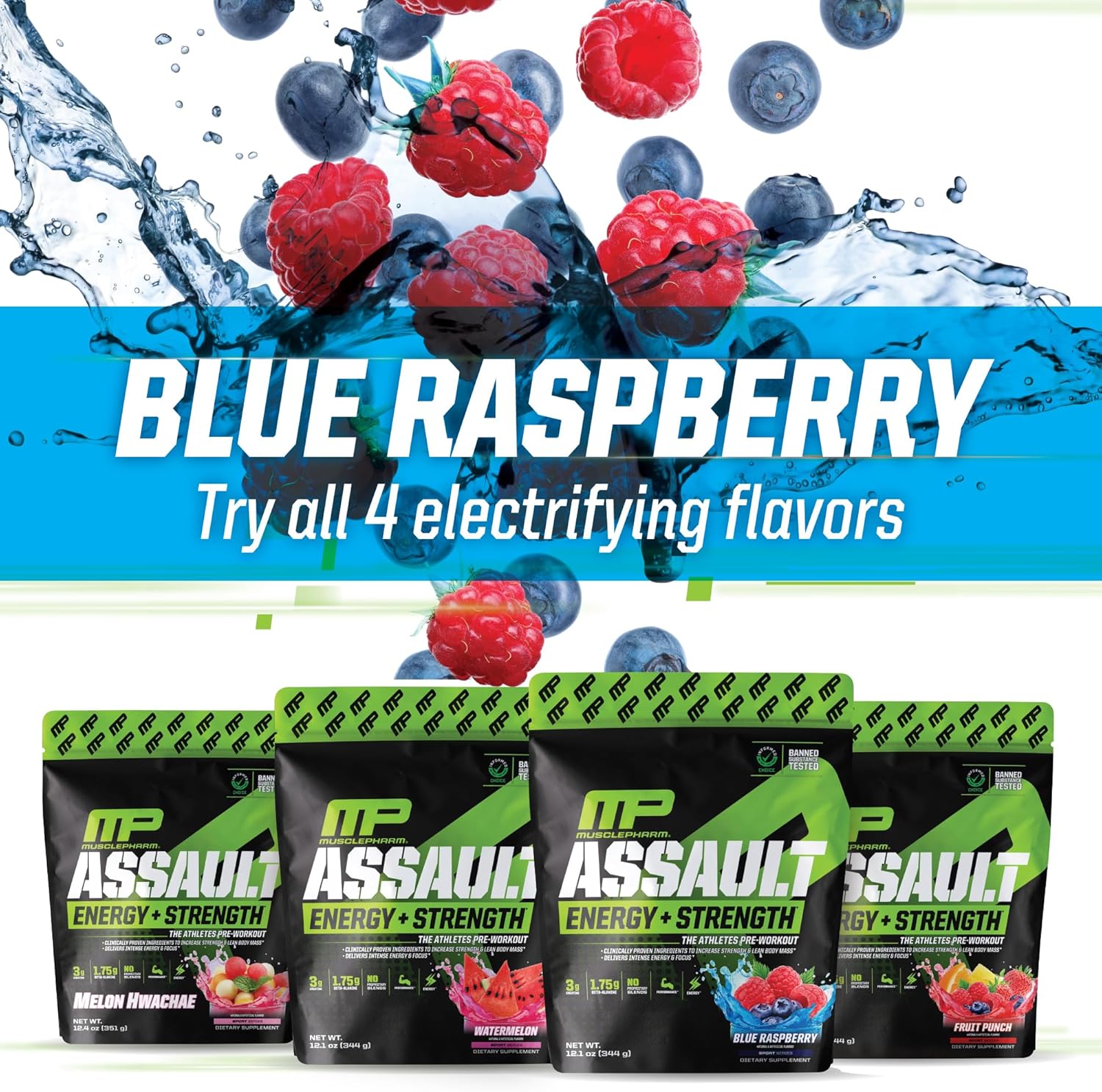 MusclePharm Assault Pre-Workout Powder for Energy & Strength - Blue Raspberry Flavor, 30 Servings, Men & Women, Beta Alanine, Caffeine, Creatine, Betaine Anhydrous
