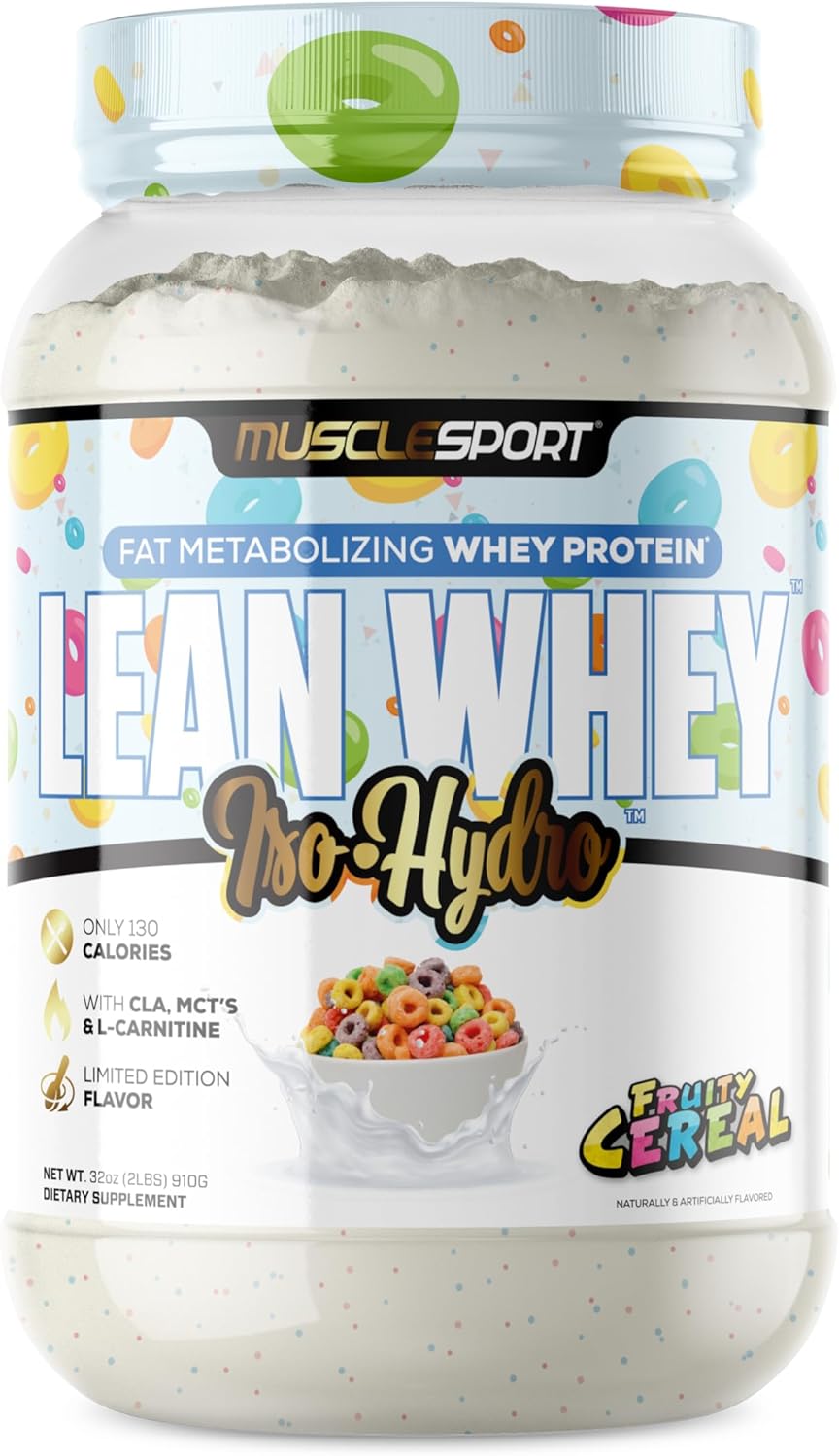 Musclesport Lean Whey Revolution Protein Powder - Fruity Cereal Flavor - 25g Protein per Scoop - Low Calorie, Low Carb, Low Fat - Whey Protein Isolate - 2lb Jar