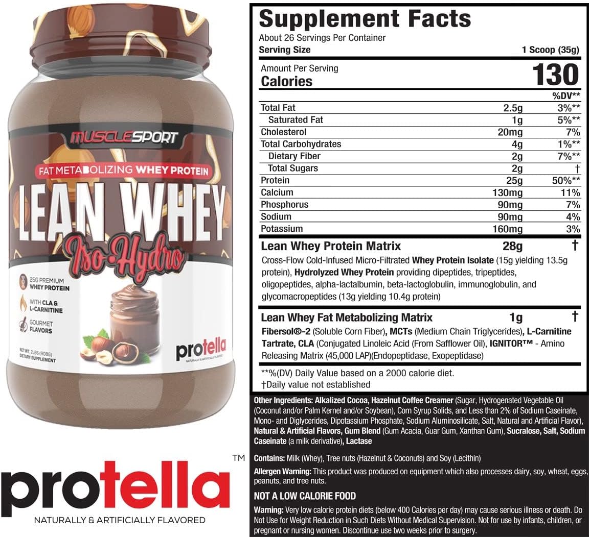 Musclesport Lean Whey Revolution™ Protein Powder - Whey Isolate with 25g Protein - Low Calorie, Low Carb, Low Fat - Delicious Flavors - 2lb Protella