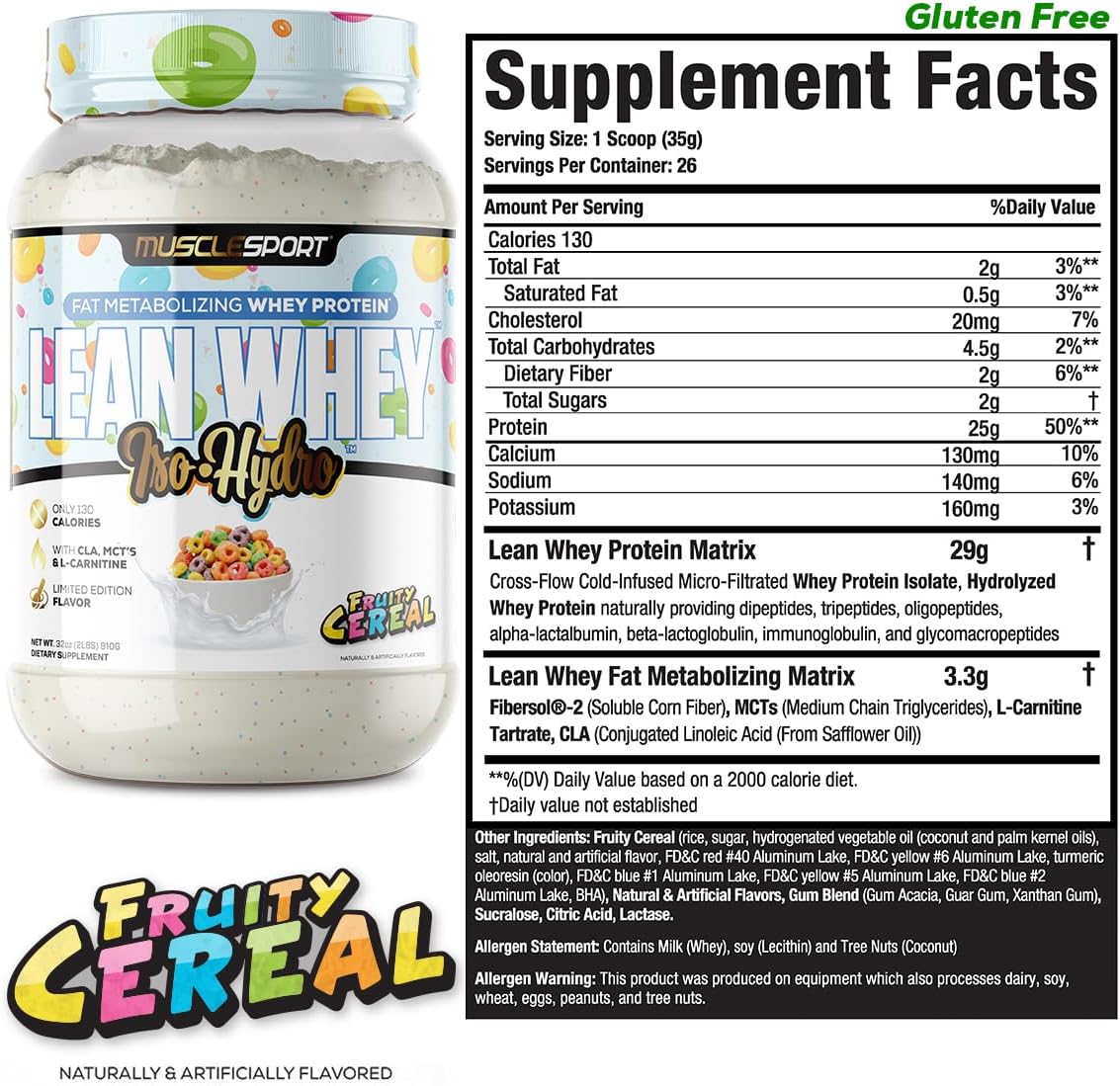 Musclesport Lean Whey Revolution Protein Powder - Fruity Cereal Flavor - 25g Protein per Scoop - Low Calorie, Low Carb, Low Fat - Whey Protein Isolate - 2lb Jar