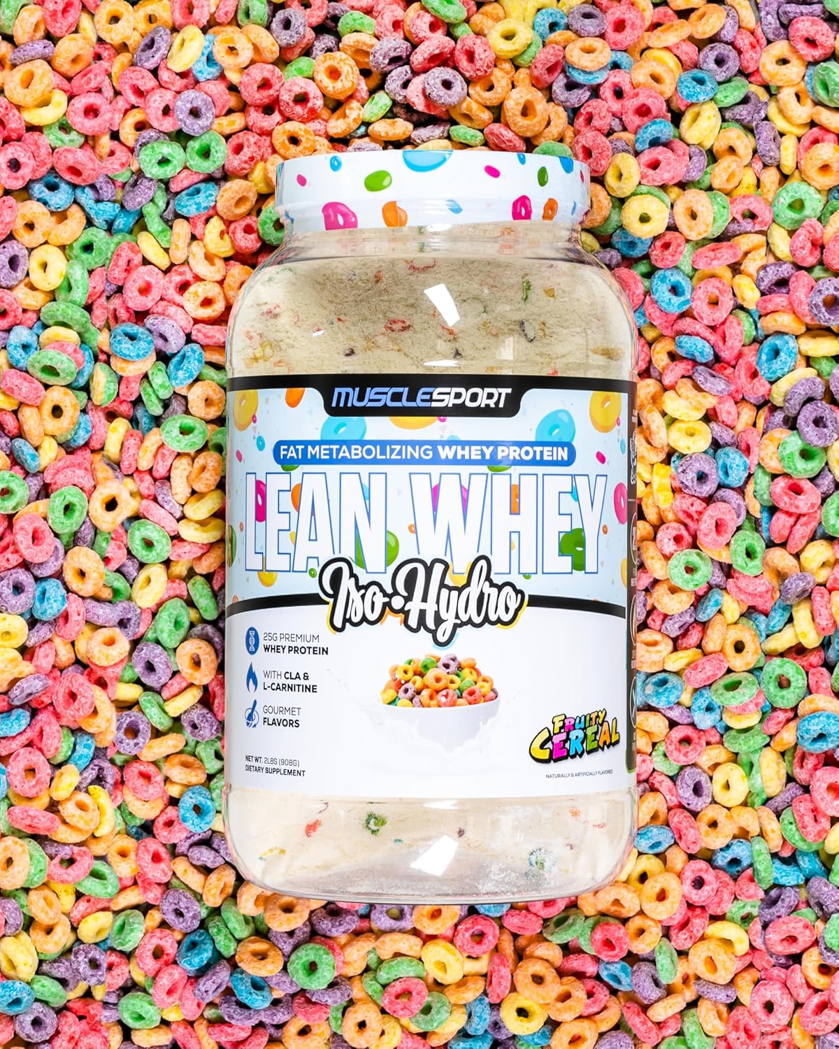 Musclesport Lean Whey Revolution Protein Powder - Fruity Cereal Flavor - 25g Protein per Scoop - Low Calorie, Low Carb, Low Fat - Whey Protein Isolate - 2lb Jar