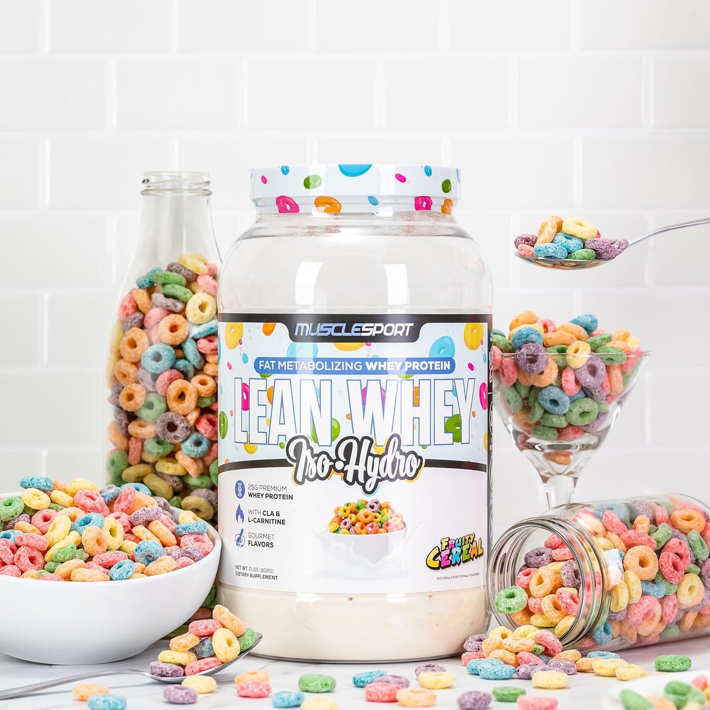 Musclesport Lean Whey Revolution Protein Powder - Fruity Cereal Flavor - 25g Protein per Scoop - Low Calorie, Low Carb, Low Fat - Whey Protein Isolate - 2lb Jar