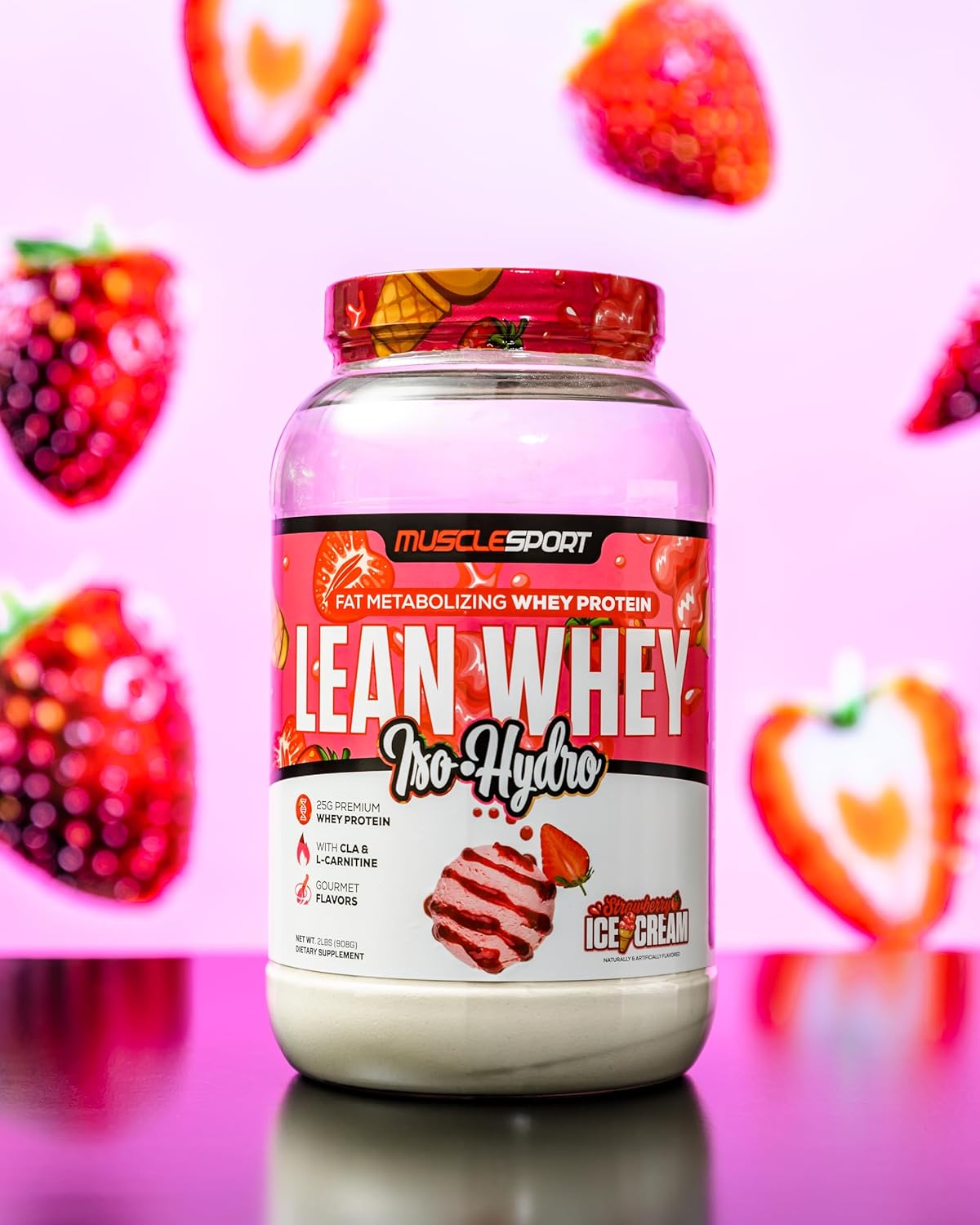 Musclesport Lean Whey Revolution™ Strawberry Creme Protein Powder - High Protein, Low Calorie, Low Carb, Low Fat - 25g Protein per Scoop - 5lb