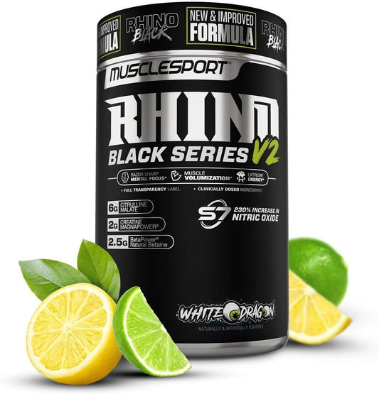 Musclesport Rhino Black V2 Pre Workout Powder Supplement - White Dragon Flavor - 460g - 20 Servings - Men & Women